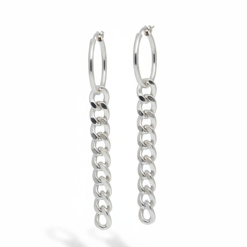Pair of silver chain earrings on a white background