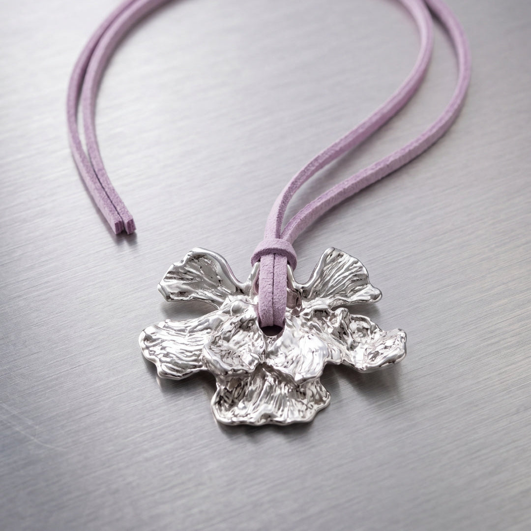 Baby Purple leater & huge flower silver necklace