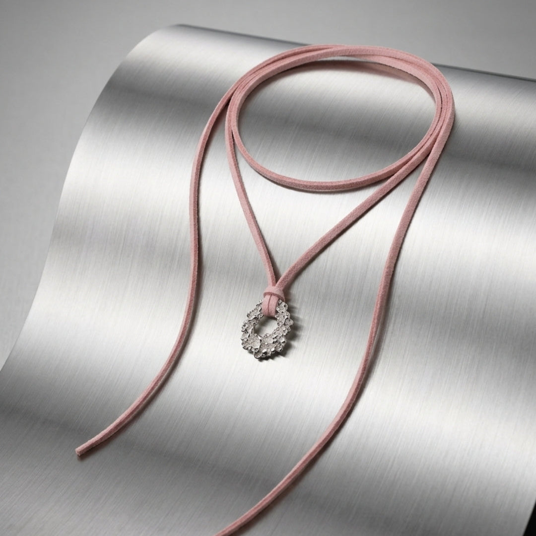 Baby Pink leater & burnt silver necklace