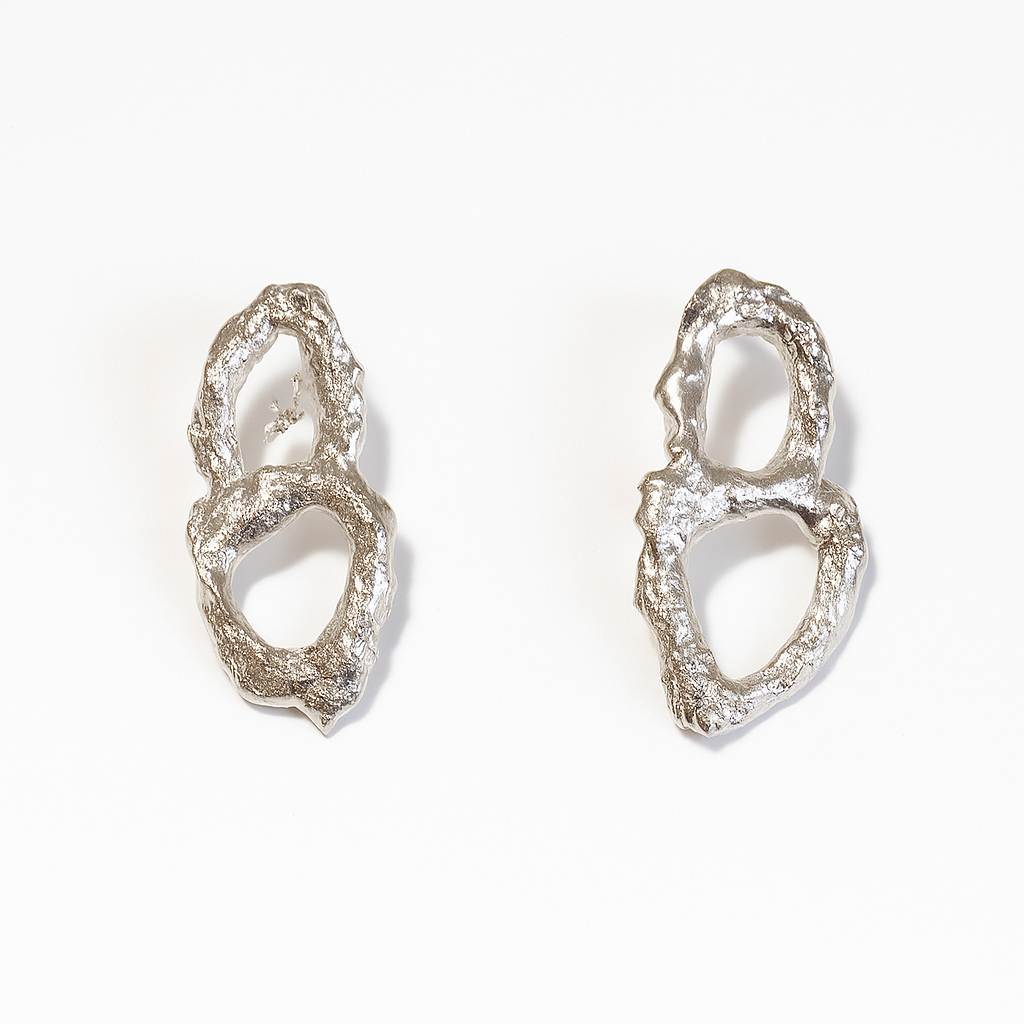 Pair of silver earrings on a white background