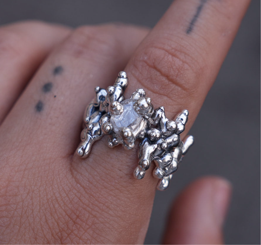 All over silver ring set with stone