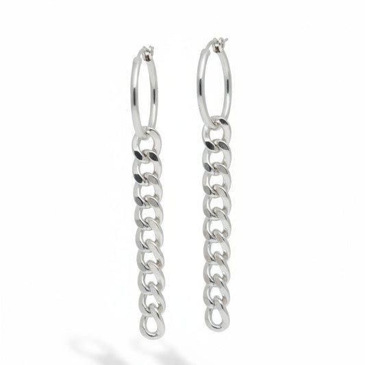 Pair of silver chain earrings on a white background