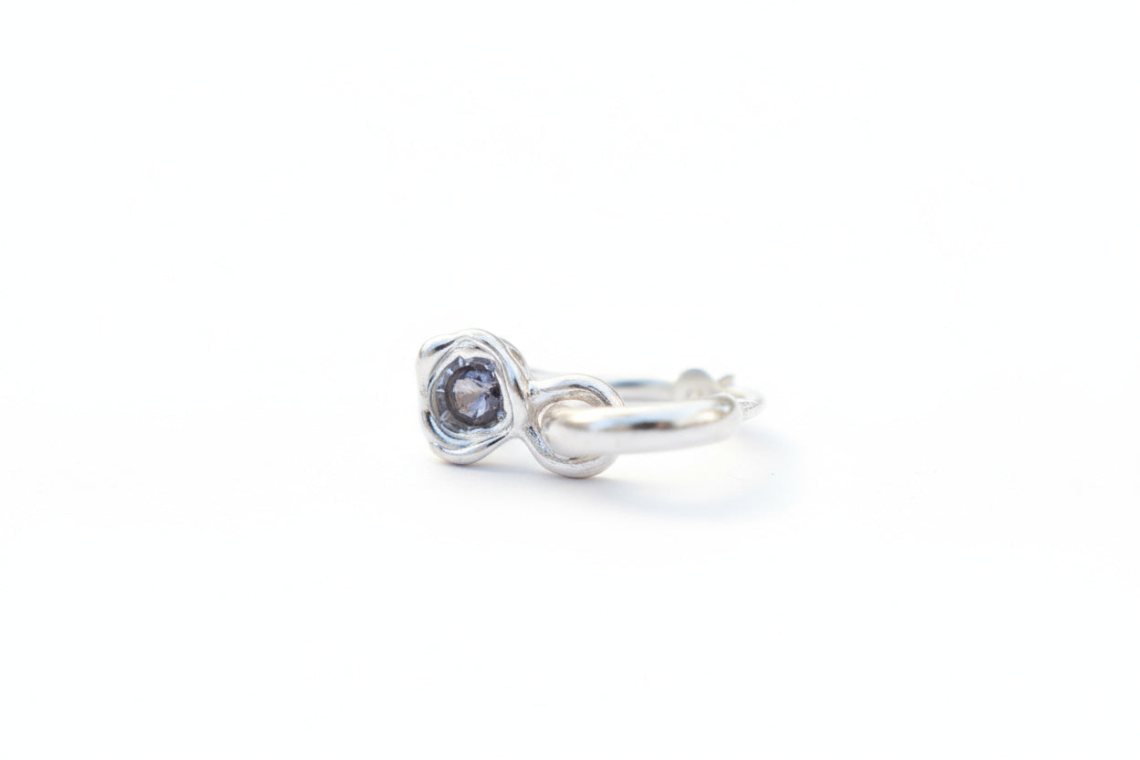 Silver ring with a gemstone on a white background