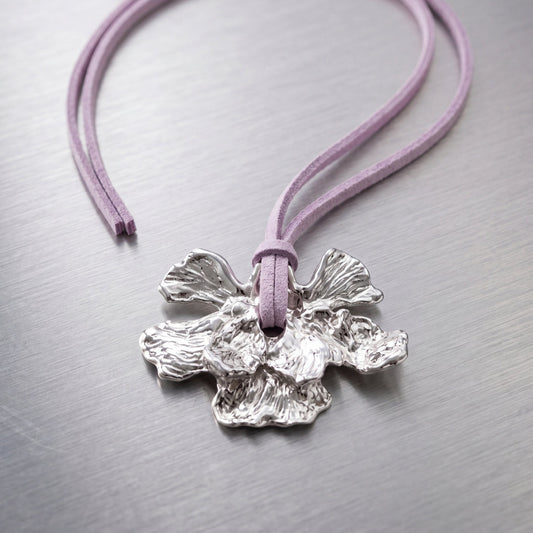 Baby Purple leater & huge flower silver necklace
